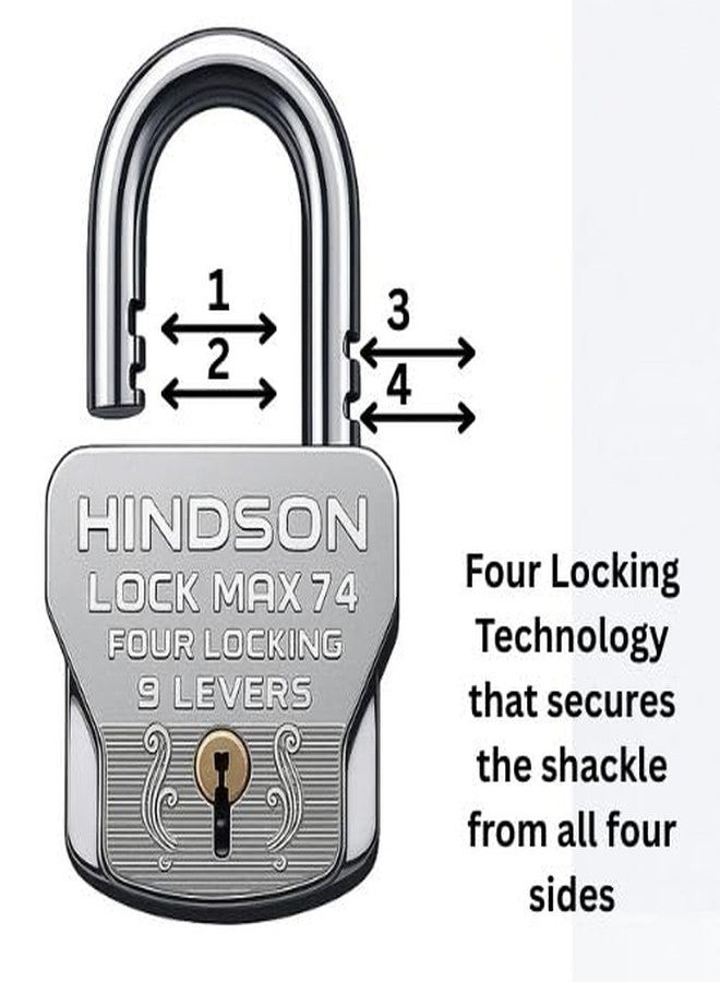Hindson 4 Locking Heavy Duty Padlock | Lock MAX 74 | 9 Lever Steel Lock & Key | Chrome Finish Big Size 610g Approx Padlock with 4 Keys for Home, Gate & Shutter Security - Image 3